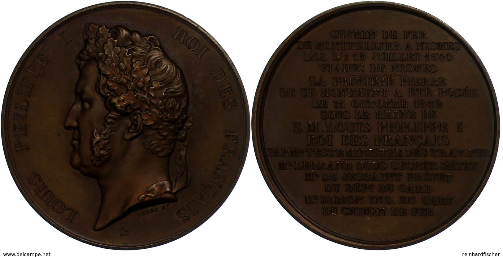 889 Frankreich, Louis Philippe I., Bronzemedaille (Durchmesser Ca. 52mm, 62,52g),1842, Von Barre, Auf Das Eisenbahnviadu - Andere & Zonder Classificatie