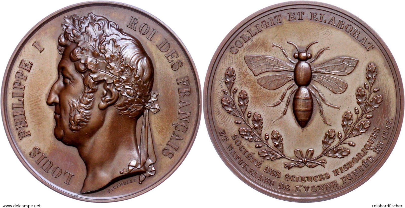 896 Frankreich, Louis Philippe I., Kupfermedaille (Dm. Ca. 46mm, Ca. 52,82g), 1847, Von Vatinelle, Bienenzucht. Av: Kopf - Other & Unclassified