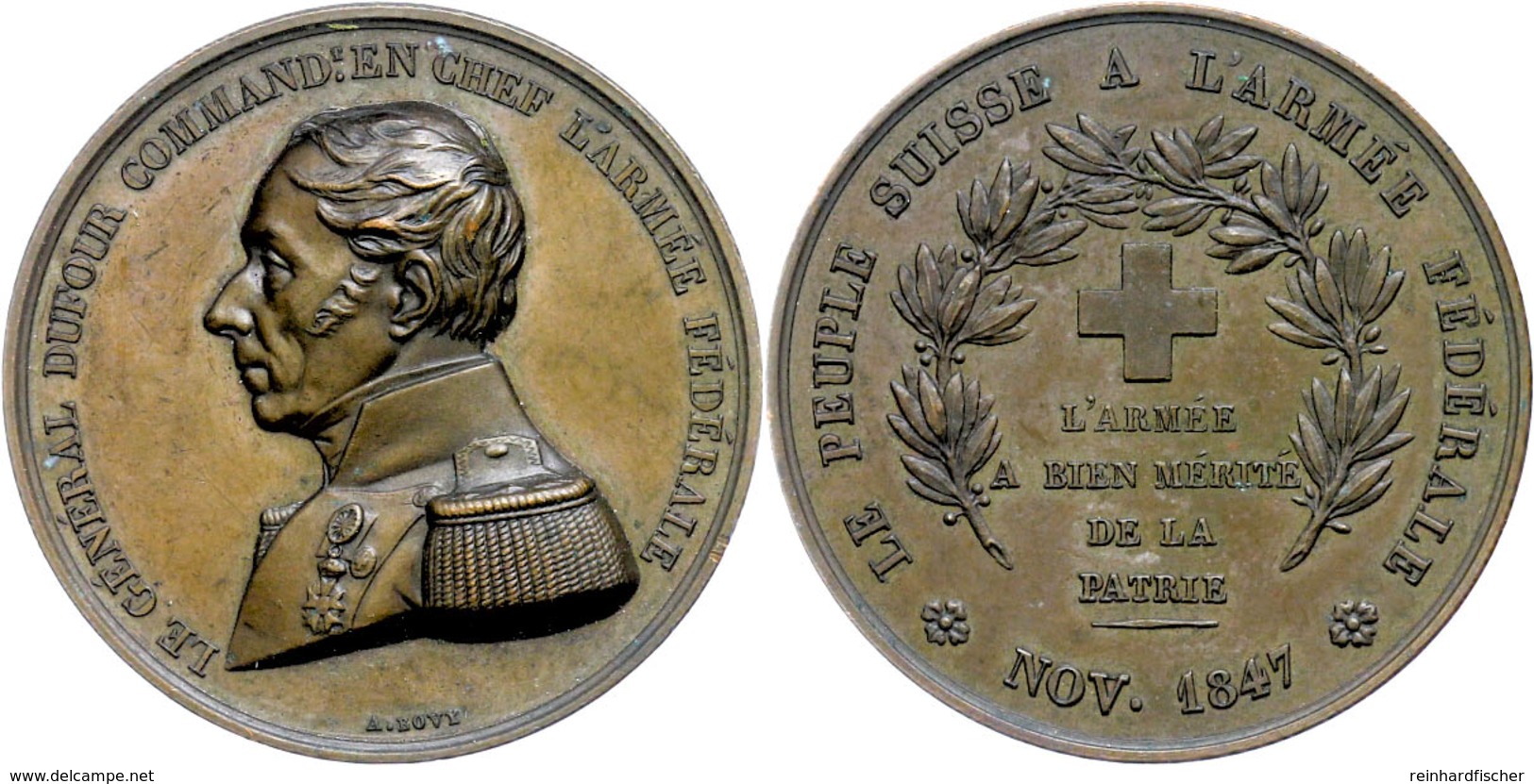 897 Schweiz, Bronzemedaille (Dm. Ca. 37,50mm, Ca. 26,64g), 1847, Von Bovy, Auf Guillaume Henri Dufour. Av: Büste Nach Li - Andere & Zonder Classificatie