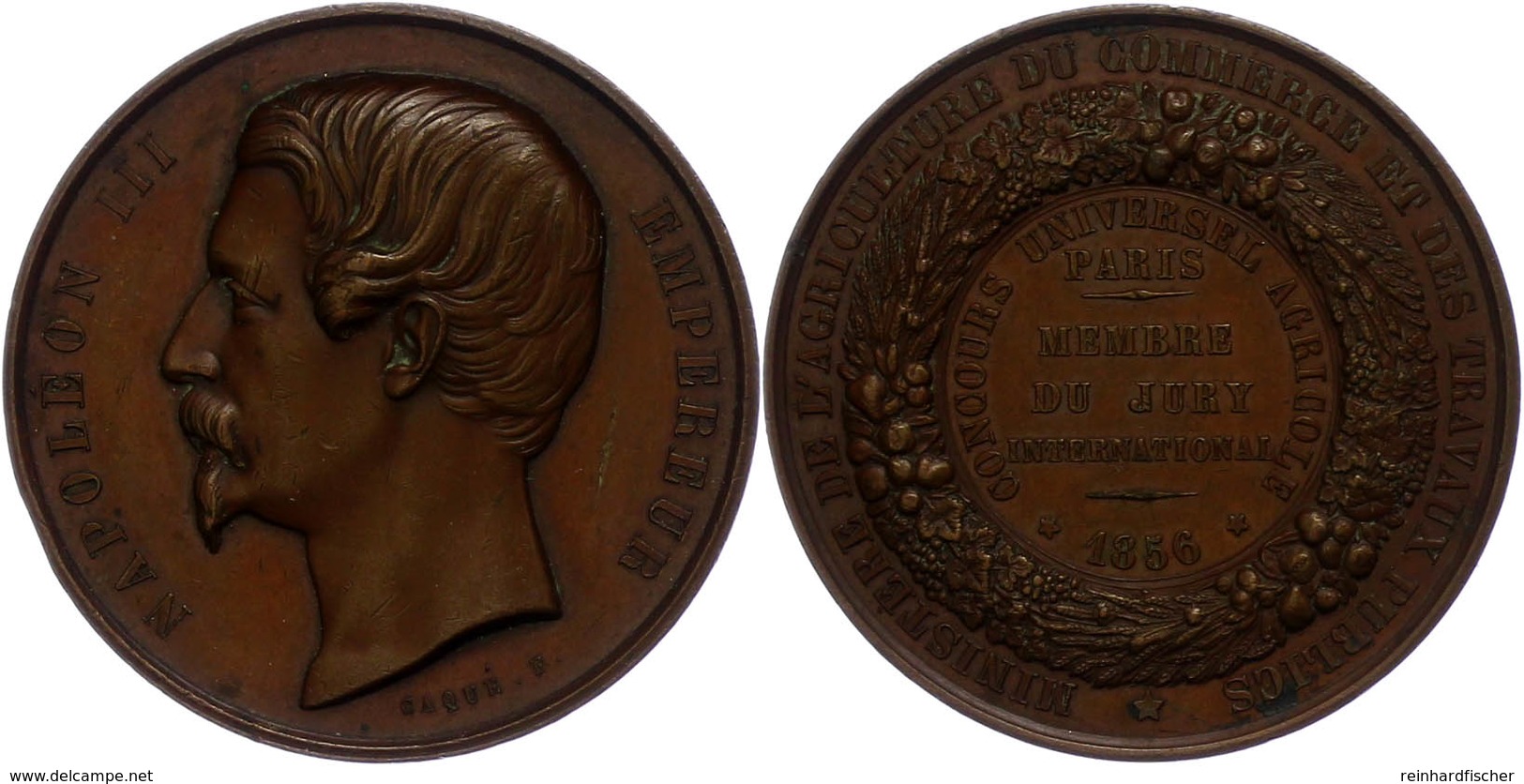 906 Frankreich, Napoleon III., Bronzemedaille (Dm. Ca. 50,80mm, Ca. 62,61g), 1856, Von F. Caqué. Av: Kopf Nach Links, Da - Sonstige & Ohne Zuordnung