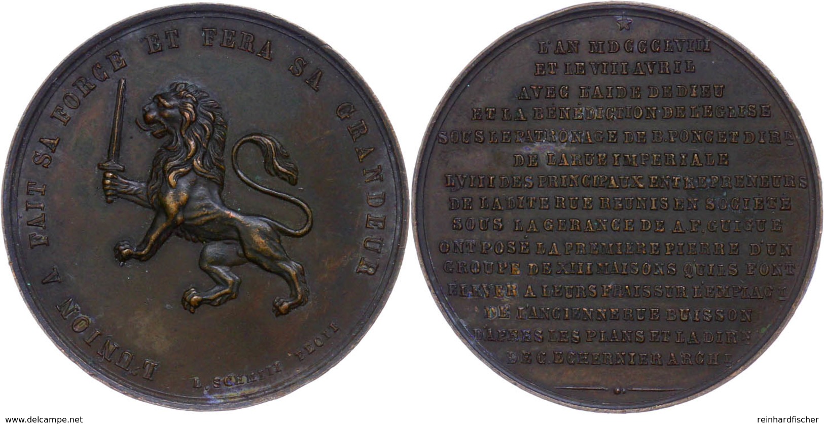 907 Frankreich, Bronzemedaille (Dm. Ca. 44,50mm, Ca. 42,31g), 1858, Von L. Schmitt. Av: Löwe Mit Schwert Nach Links, Dar - Sonstige & Ohne Zuordnung