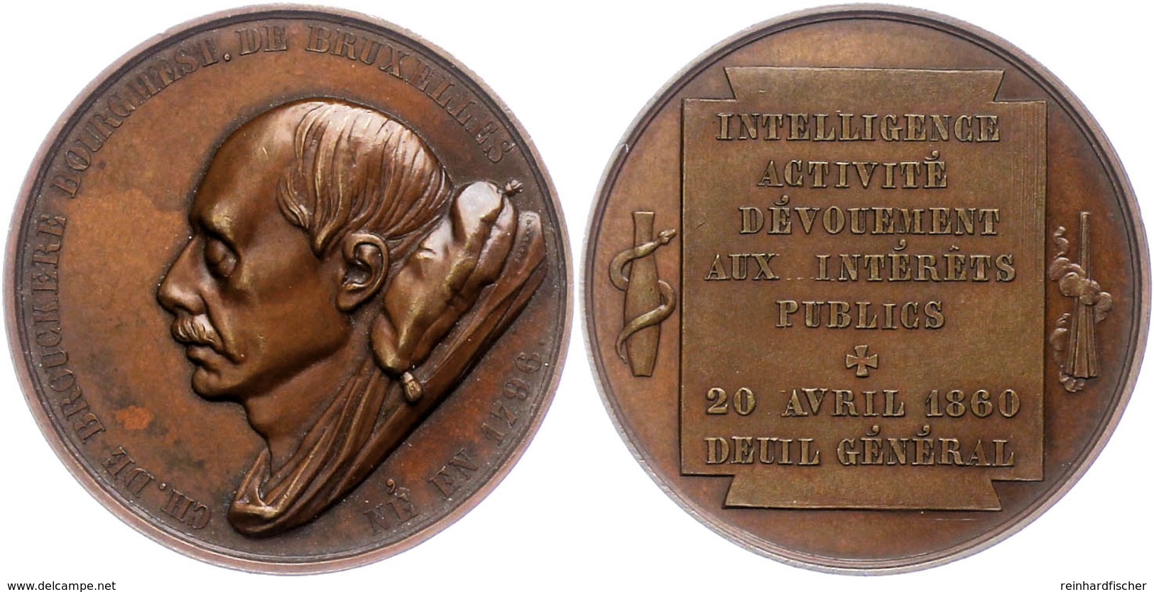 913 Belgien, Bronzemedaille (Dm. Ca. 46,50mm, Ca. 40,74g), 1860, Von A. Jouvenal, Auf Den Tod Des Staatsministers Und Bü - Sonstige & Ohne Zuordnung