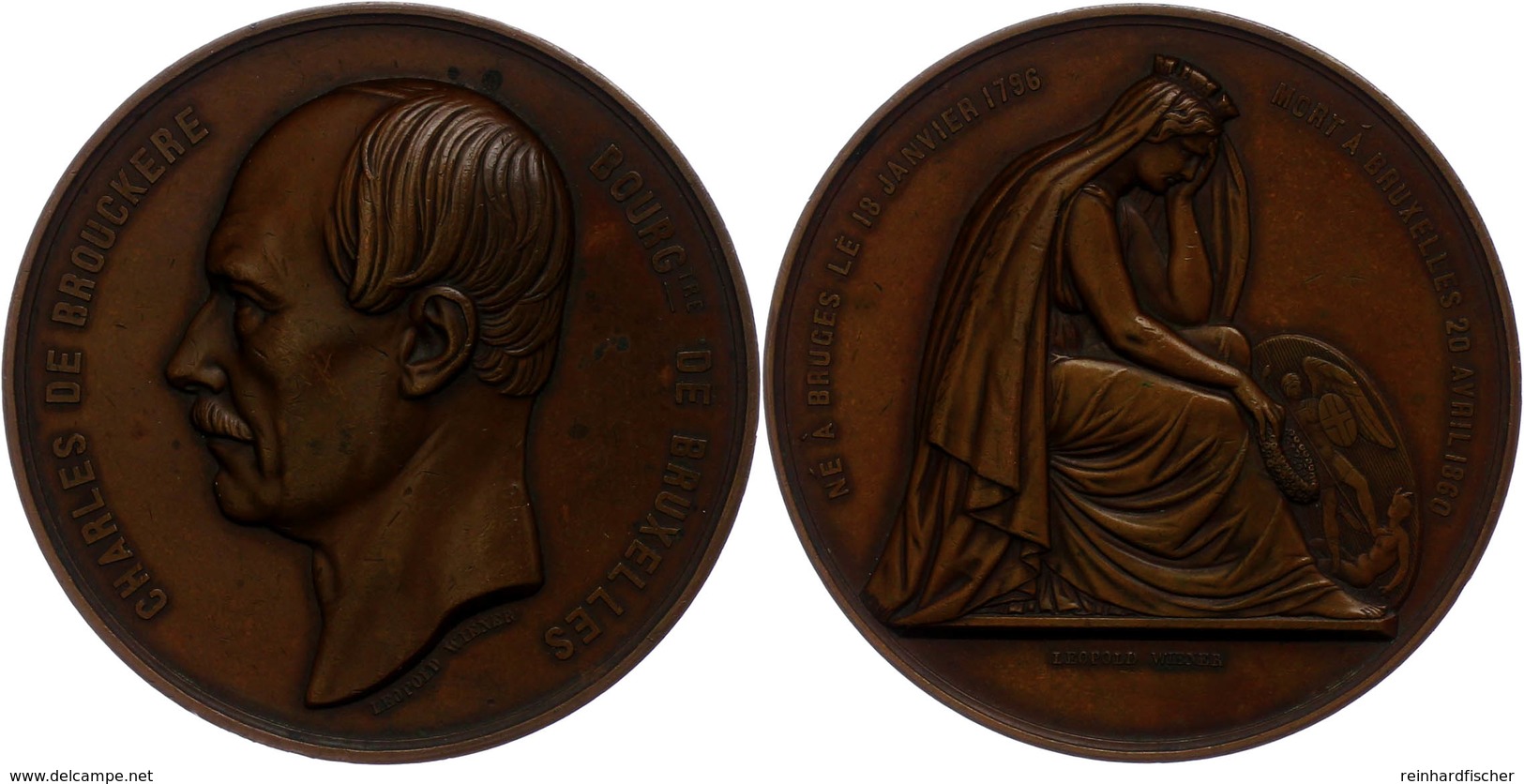 914 Belgien, Bronzemedaille (Dm. Ca. 70,10mm, Ca. 131,55g), 1860, Von L. Wiener, Auf Charles Brouckere. Av: Kopf Nach Li - Sonstige & Ohne Zuordnung