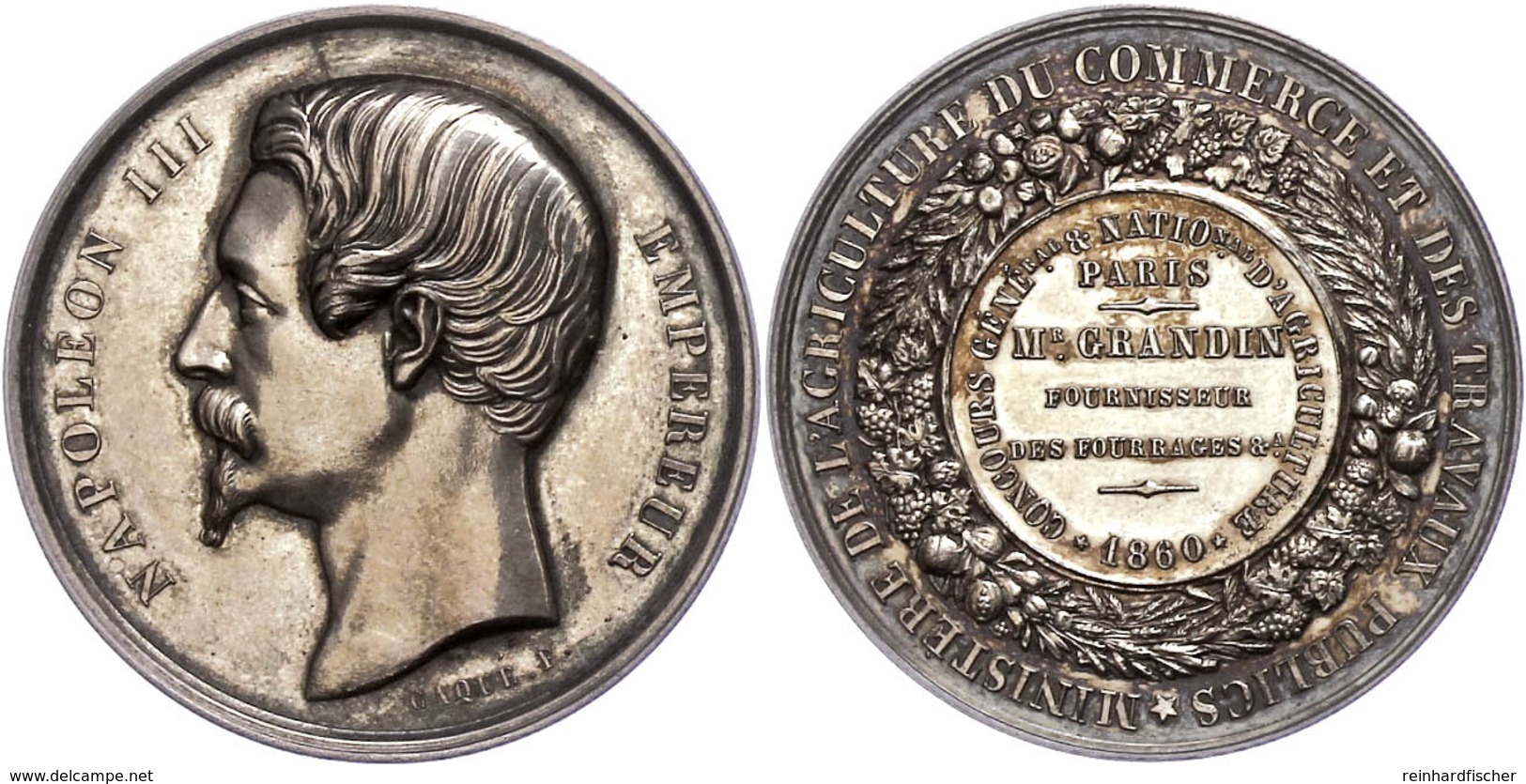 916 Frankreich, Napoleon III., Silbermedaille (Dm. Ca. 41,70mm, Ca. 34,86g), 1860, Von F. Caqué. Av: Kopf Nach Links, Da - Sonstige & Ohne Zuordnung