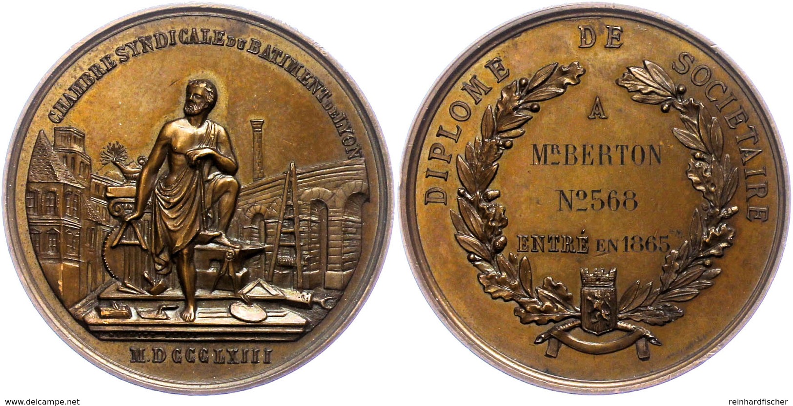 919 Frankreich, Bronzemedaille (Dm. Ca. 55mm, Ca. 77,40g), 1863, Von Schmitt Und Pegit. Av: Stehende Männliche Gestalt Z - Sonstige & Ohne Zuordnung