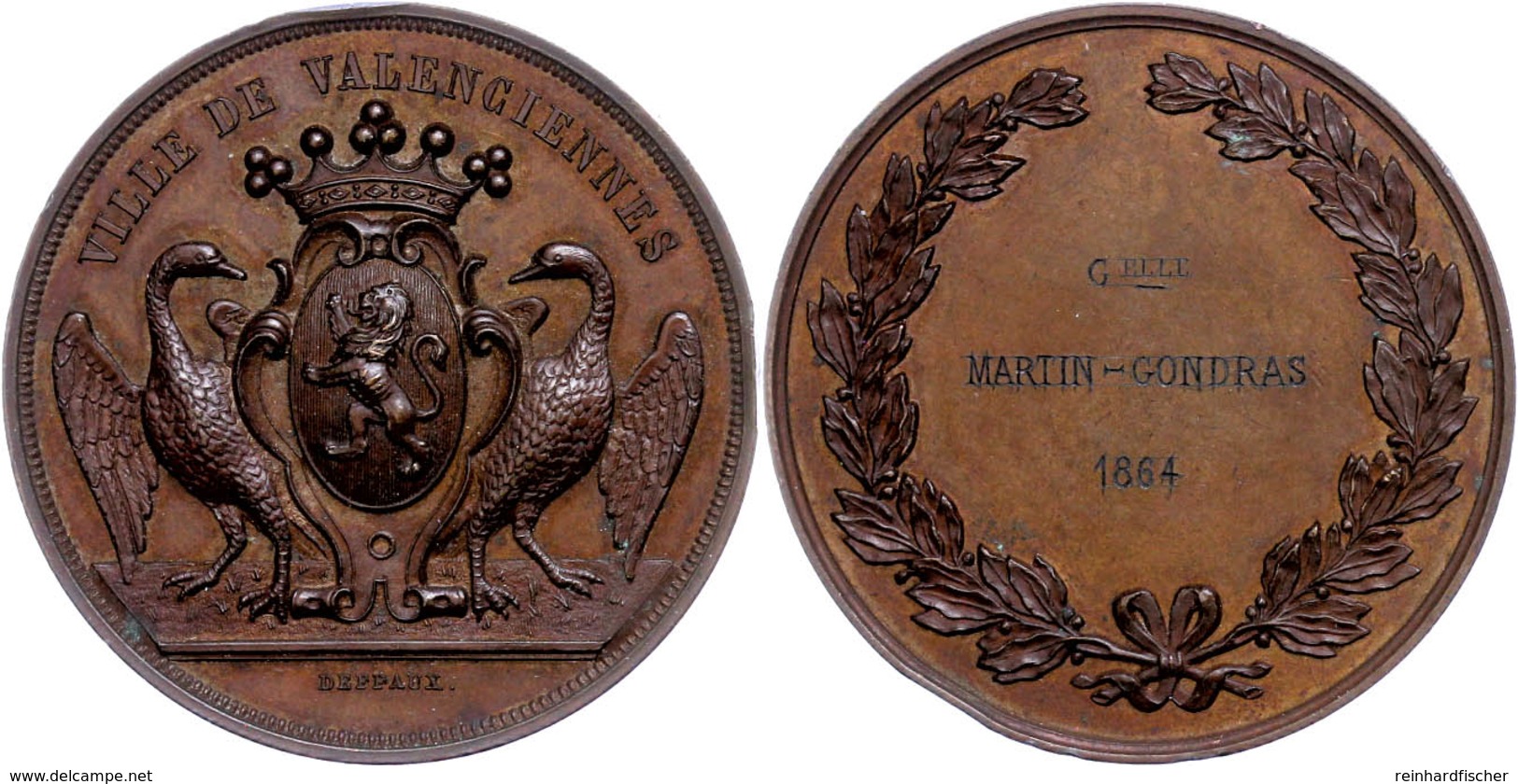 921 Frankreich, Valenciennes, Bronzemedaille (Dm. Ca. 41,70mm, Ca. 27,21g), 1864, Von Deffaux. Av: Gekröntes Wappen, Lin - Sonstige & Ohne Zuordnung