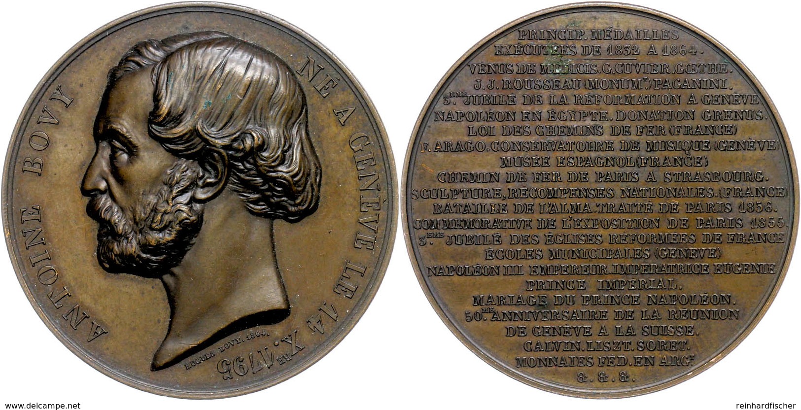 922 Schweiz, Bronzemedaille (Dm. Ca. 50,60mm, Ca. 63,20g), 1864, Von H. Bovy, Auf Antoine Bovy. Av: Kopf Nach Links, Dar - Sonstige & Ohne Zuordnung