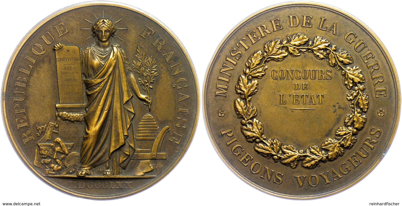 932 Frankreich, Bronzemedaille (Dm. Ca. 69mm, Ca. 129,08g), 1870, Von Oudiné. Av: Stehende Republik Von Vorn Zwischen At - Sonstige & Ohne Zuordnung