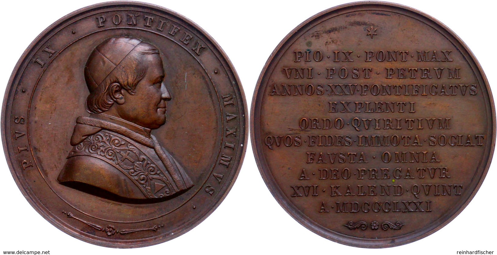 936 Vatikan, Pius IX., Bronzemedaille (Dm. Ca. 51mm, Ca. 60,11g), 1871, Unsigniert. Av: Brustbild Nach Rechts, Im Außenk - Andere & Zonder Classificatie
