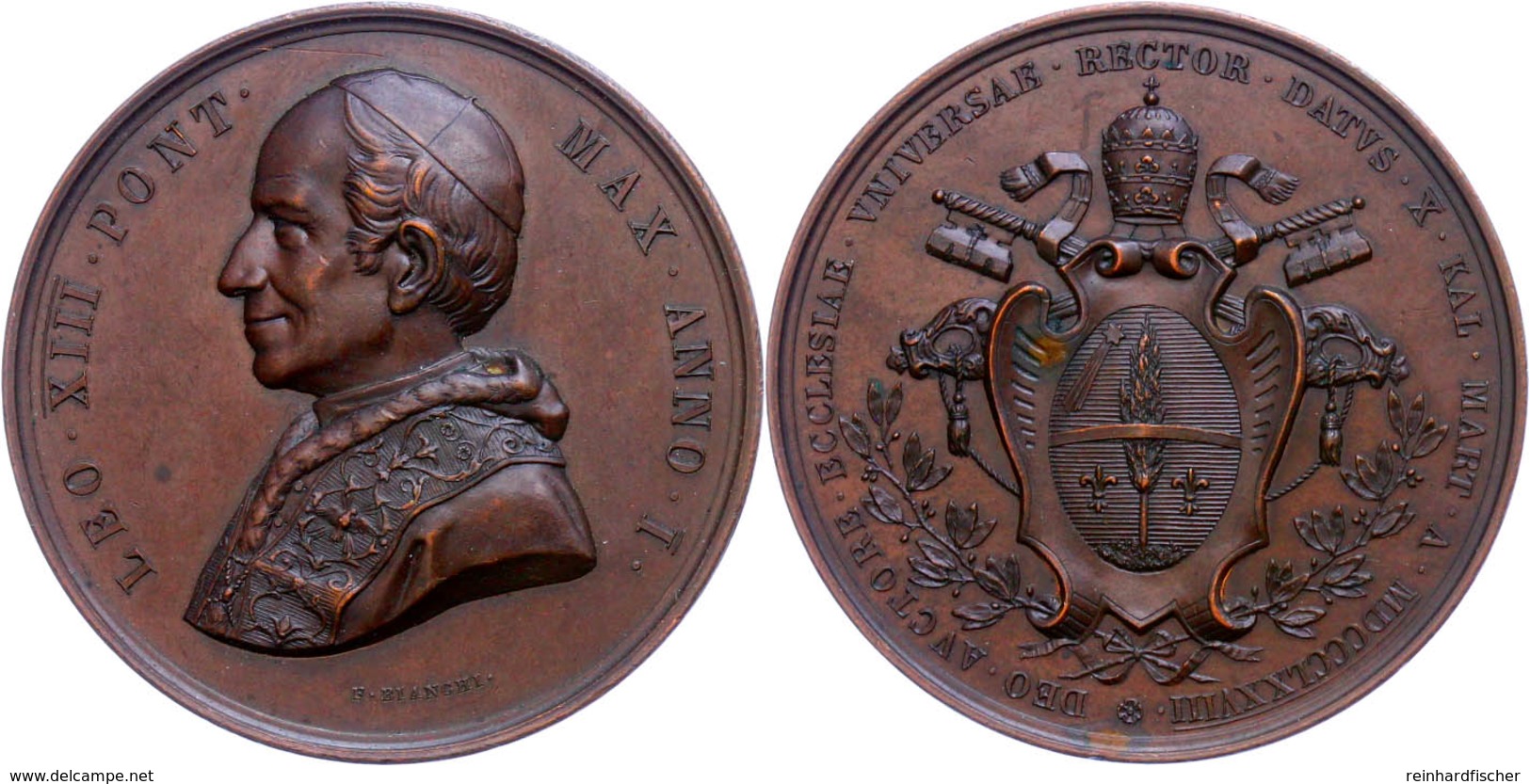 950 Vatikan, Leo XIII., Bronzemedaille (Dm. Ca. 44,00mm, Ca. 39,20g), 1878, Auf Die Papstwahl. Av: Brustbild Nach Links, - Sonstige & Ohne Zuordnung