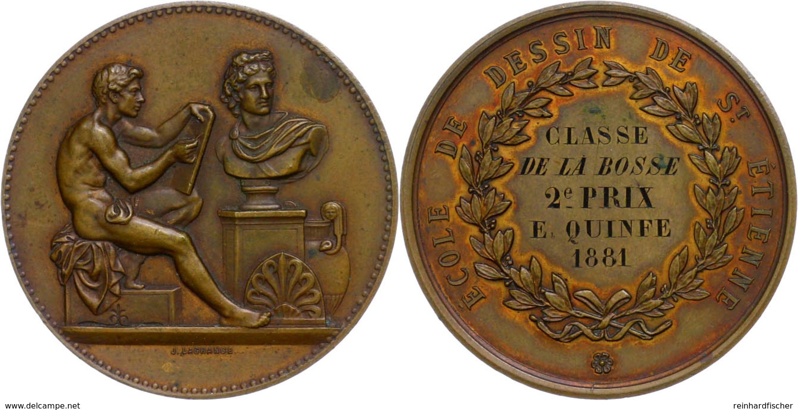 954 Frankreich, Bronzemedaille (Dm. Ca. 41,50mm, Ca. 33,87g), 1881, Von J. Lagrange. Av: Zeichnende, Nackte Männliche Ge - Sonstige & Ohne Zuordnung