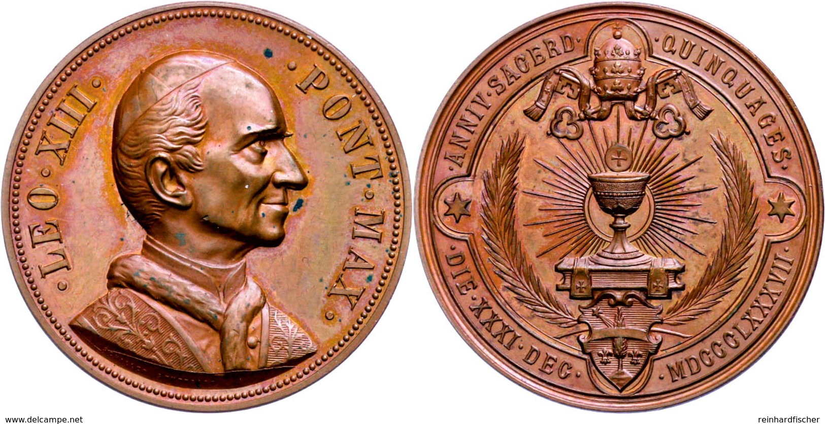 966 Vatikan, Leo XIII., Bronzemedaille (Dm. Ca. 38,10mm,ca. 26,06g), 1887, Von Schiller Stuttgart, Auf Das 50jährige Pri - Sonstige & Ohne Zuordnung