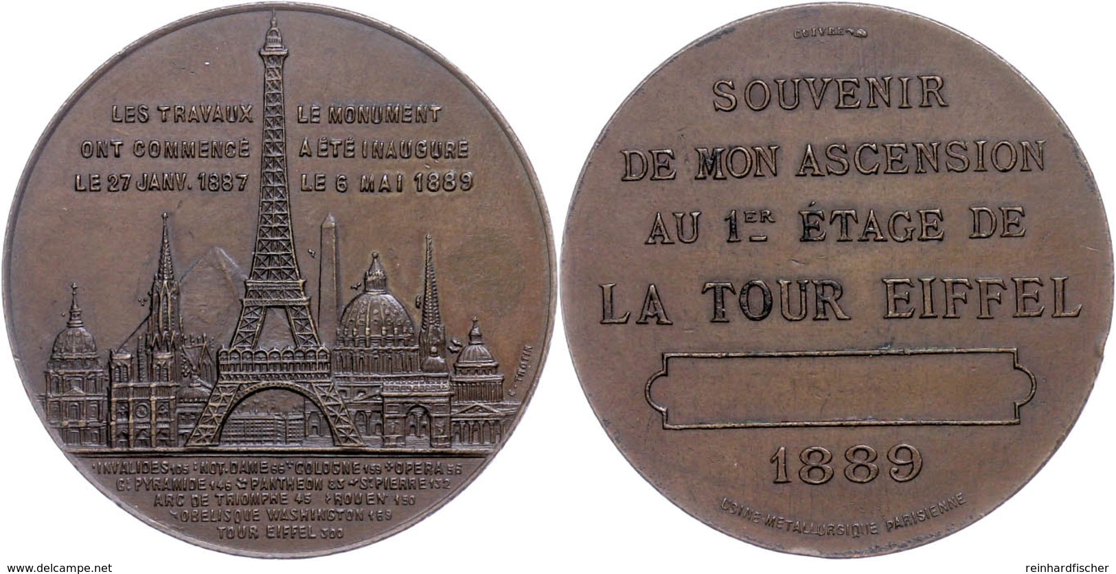 968 Frankreich, Bronzemedaille (Dm. Ca. 42,10mm, Ca. 41,99g), 1889, Von C. Trotin, Auf Die Vollendung Des Eiffelturms. A - Sonstige & Ohne Zuordnung