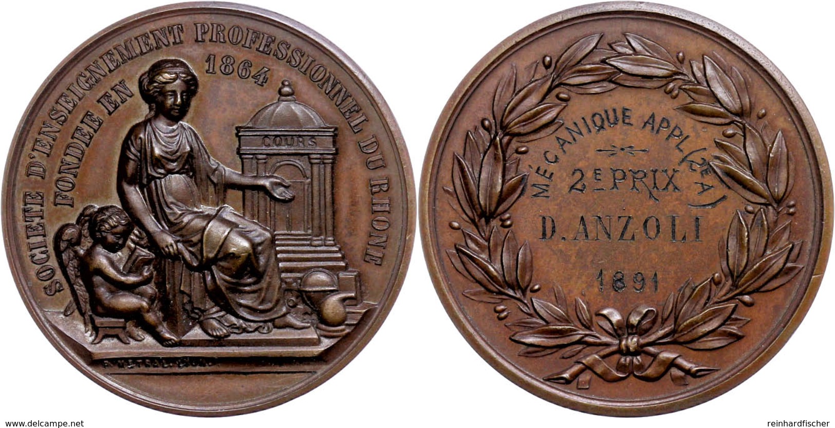 983 Frankreich, Kupfermedaille (Dm. Ca. 41mm, Ca. 34,33g), 1891, Von P. Metral Lyon. Av: Sitzende Weibliche Gestalt Nach - Sonstige & Ohne Zuordnung