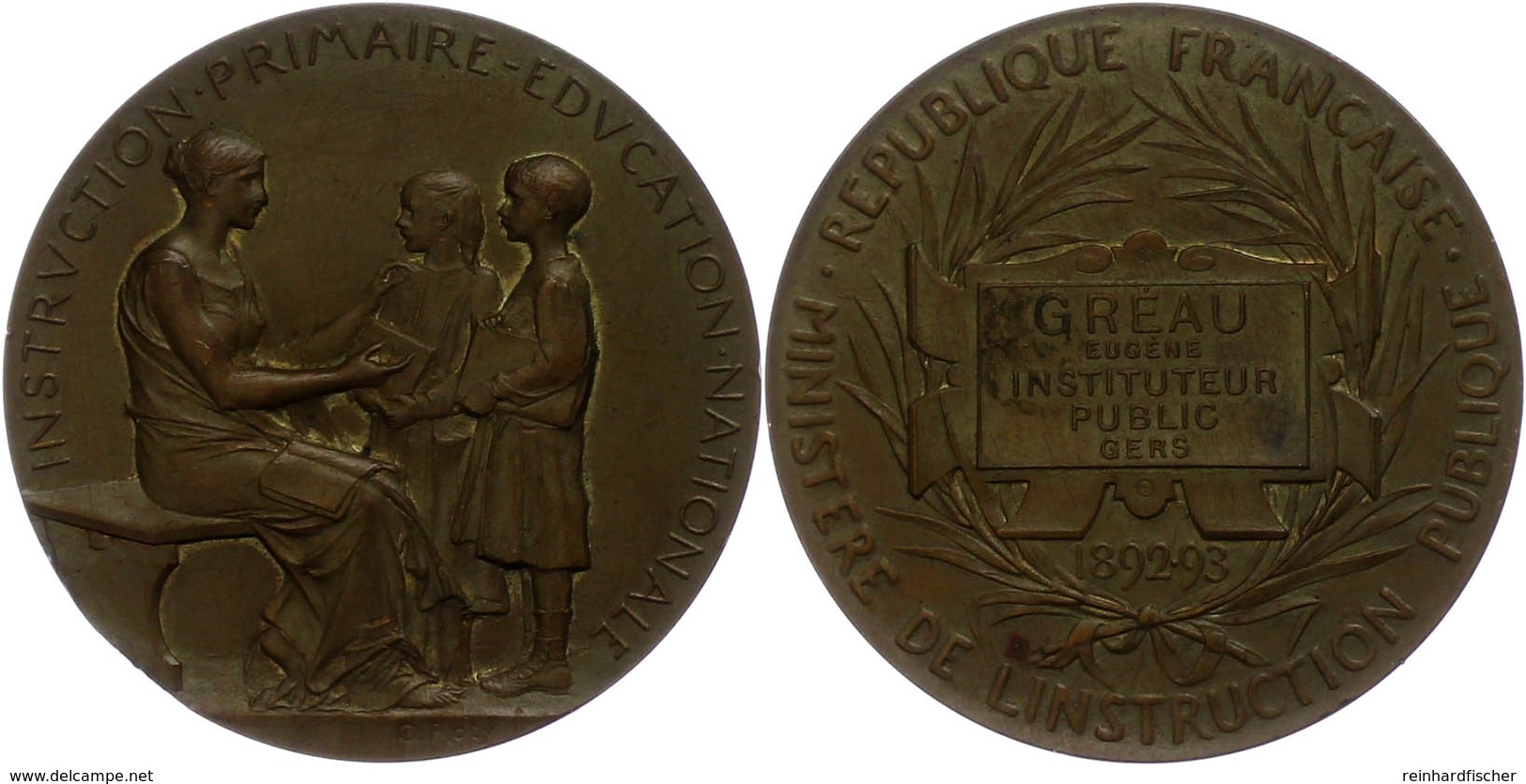 985 Frankreich, Bronzemedaille (Dm. Ca. 50,05mm, Ca. 64,63g), 1893, Von O. Roty. Av: Sitzende Weibliche Gestalt Mit Zwei - Sonstige & Ohne Zuordnung