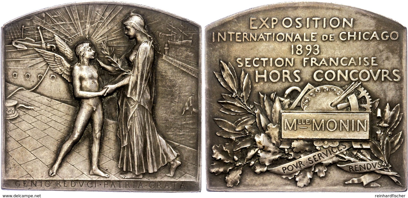 987 Frankreich, Versilberte Bronzeplakette (ca. 53,10x50,50mm, Ca. 70,34g), 1893, Von O. Roty, Auf Die Weltausstellung I - Sonstige & Ohne Zuordnung