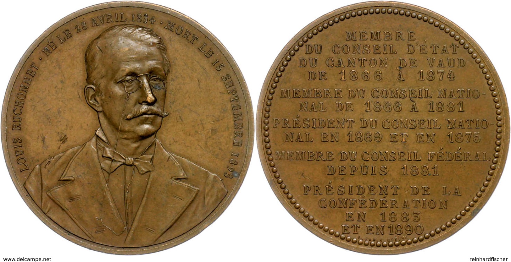 988 Schweiz, Bronzemedaille (Dm. Ca. 45,20mm, Ca. 40,63g), 1893, Von L. Jamin, Auf Louis Ruchonnet. Av: Brustbild Von Vo - Sonstige & Ohne Zuordnung