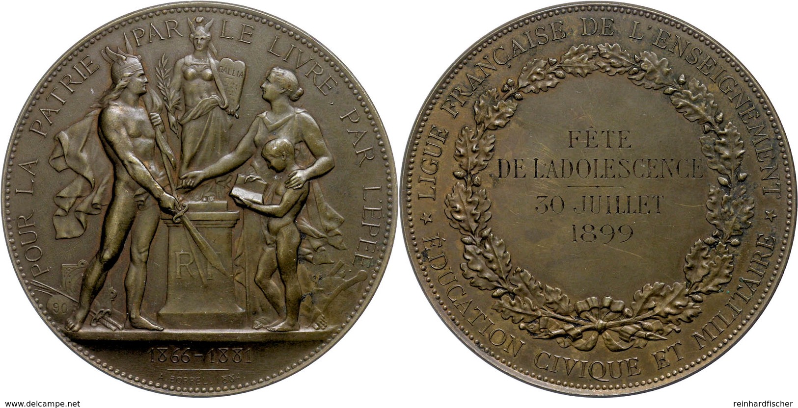 1006 Frankreich, Bronzemedaille (Dm. Ca. 58mm, Ca. 94,58g), 1899, Von A, Borrel. Av: Weibliche Gestalt Mit Jüngling Vor  - Sonstige & Ohne Zuordnung