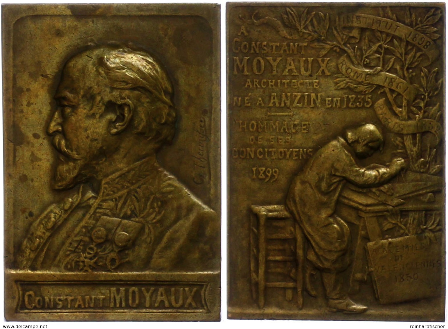 1010 Frankreich, Rechteckige Bronzeplakette (ca. 55,60x38,60mm, Ca. 55,37g), 1899, Auf Constant Moyaux. Av: Brustbild Na - Sonstige & Ohne Zuordnung