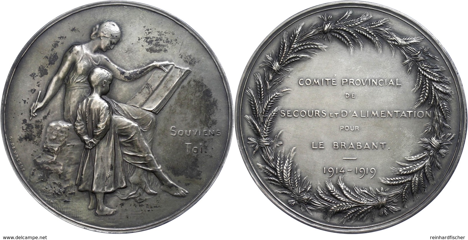 1019 Belgien, Versilberte Bronzemedaille (Dm. Ca. 70,50mm, Ca. 107,69g), 1919, Von G. Devreese. Av: Sitzende Weibliche G - Other & Unclassified