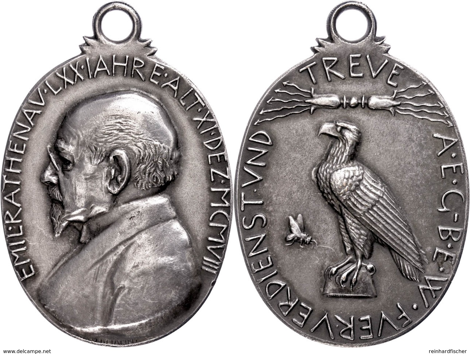 1044 Tragbare, Ovale Silbermedaille (Dm. Ca. 58,9 X 40 Mm, Ca. 38,46g), 1908, Von H. Hahn, Zum 70. Geburtstag Emil Rathe - Other & Unclassified