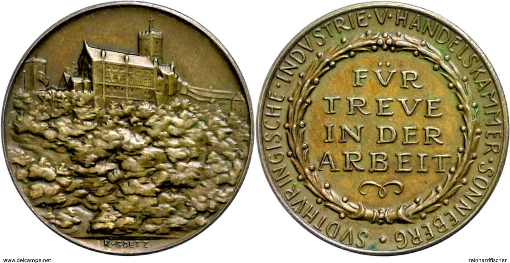 1048 Bronzemedaille (Dm. Ca. 30,20mm, Ca. 13,90mm), O.J., Von K. Goetz, Für Treue In Der Arbeit, Südthüringische Industr - Andere & Zonder Classificatie