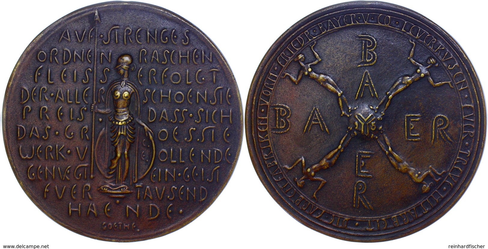 1060 Leverkusen, Bronze-Guss-Medaille (104,4 Mm, 243,9 G), O.J. Um 1920, Von Carl Ebbinghaus, Für 25 Jahre Treue Mitarbe - Other & Unclassified