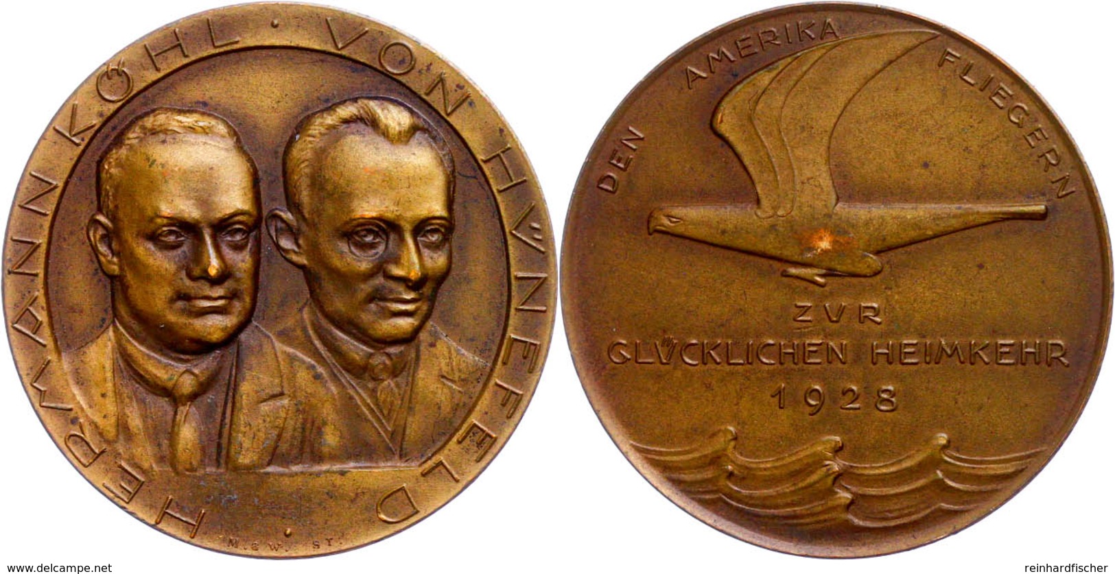 1067 Flug, Bronzemedaille (27,2 G, 40 Mm), 1928, Zur Glücklichen Heimkehr Der Amerika Fliegern Hermann Köhl Und Von Hüne - Sonstige & Ohne Zuordnung