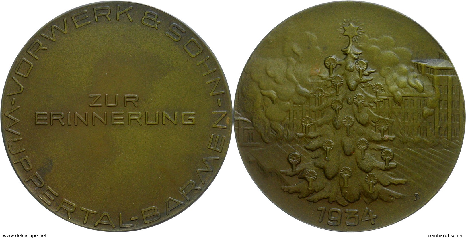 1076 Wuppertal, Bronzemedaille (60,1 Mm, 80 G), 1934, Zur Erinnerung An Weihnachten 1934, Vorwerk & Sohn Wuppertal-Barme - Sonstige & Ohne Zuordnung