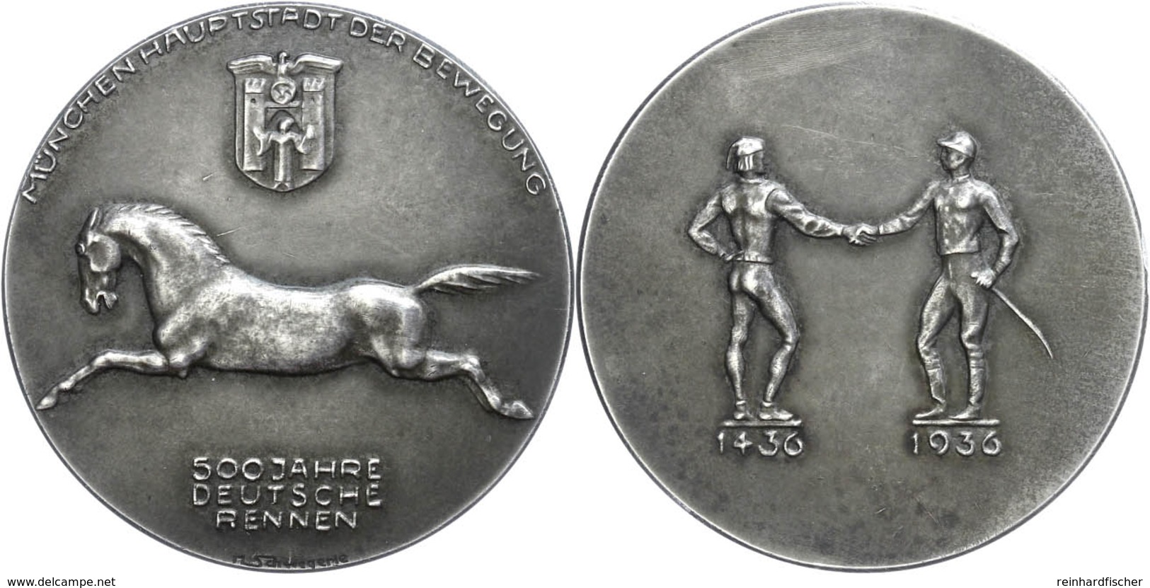 1078 München, Silbermedaille (40 Mm, 24,7 G), 1936, Von Schwegerle, 500 Jahre Deutsches Rennen, Av: Galoppierendes Pferd - Other & Unclassified