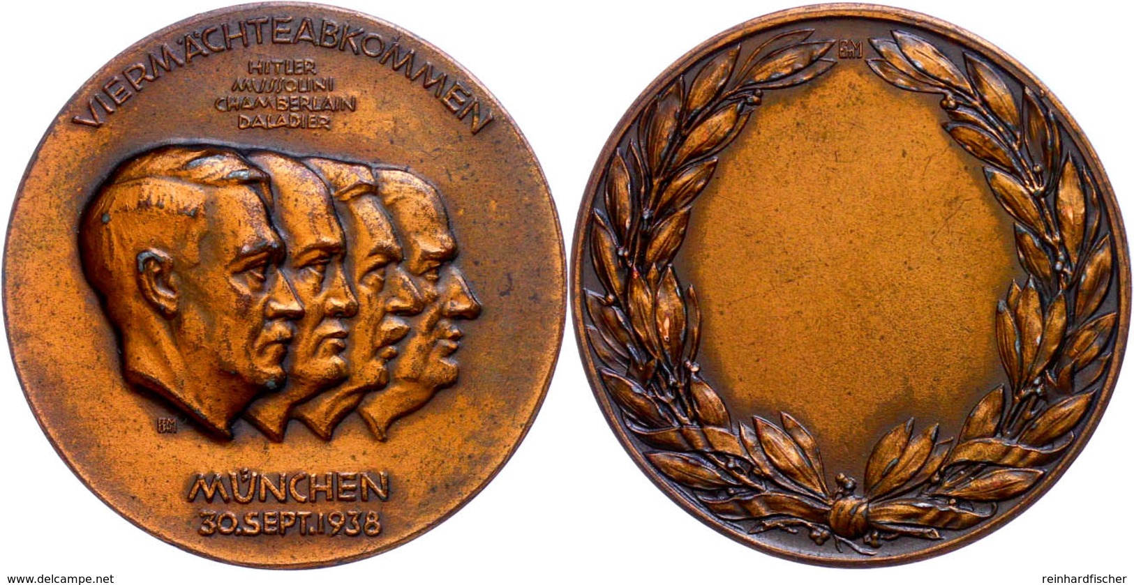 1081 Vier Mächte Abkommen, Bronzemedaille (22,3 G, 41 Mm), 1938, Zum Vier Mächte Abkommen Zwischen Hitler, Mussolini, Ch - Other & Unclassified