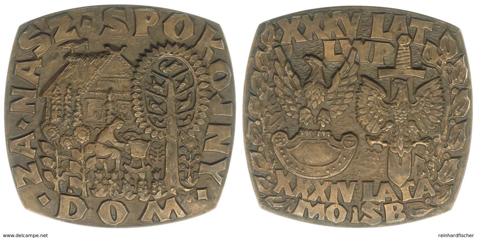 1092 Polen, Zweiseitige Bronzeplakette, O.J., Av: Frau Vor Hof Umschrift Za Nasz Spokojny Dom, Rev: 2 Adler, XXXV Lat LW - Sonstige & Ohne Zuordnung