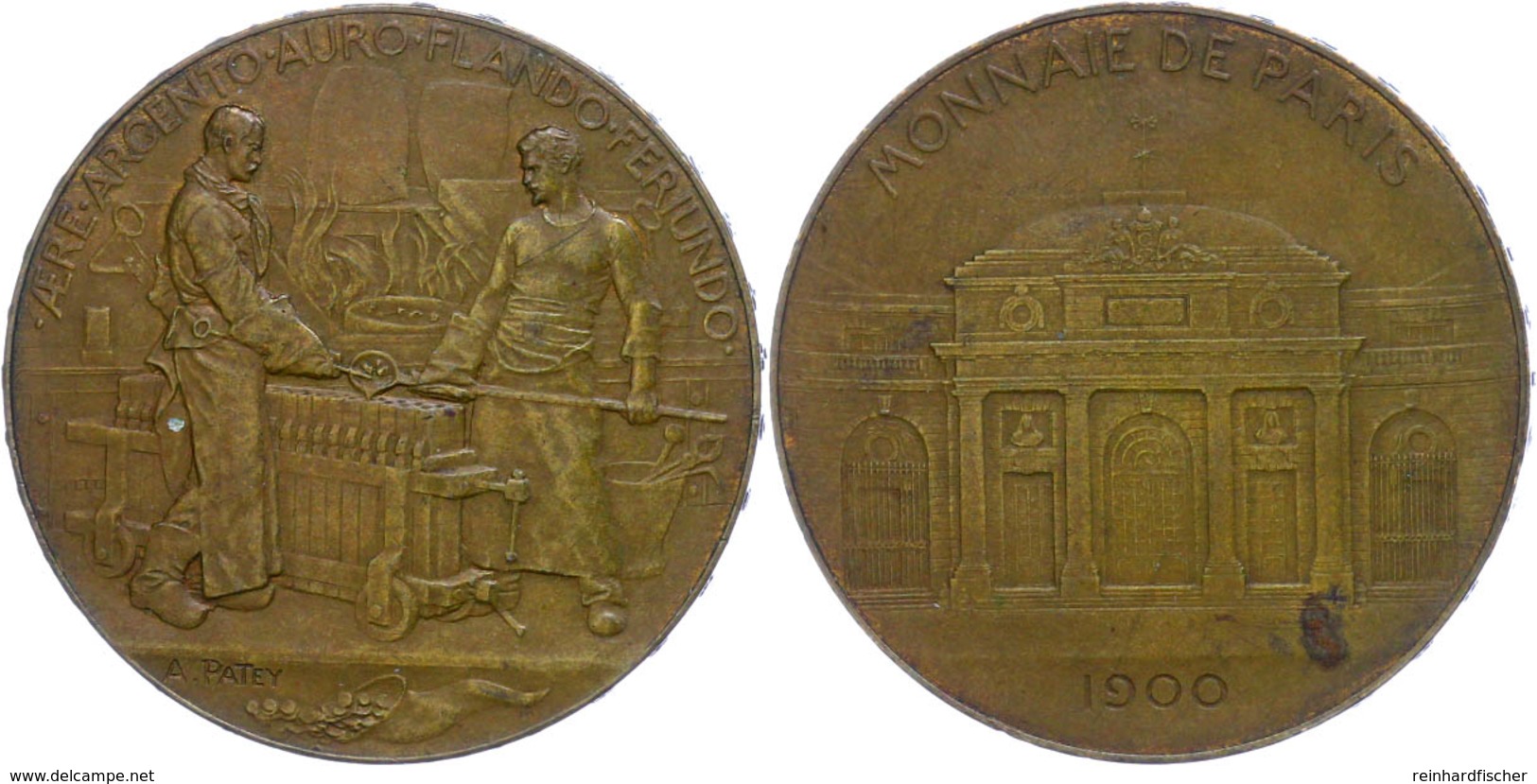 1103 Frankreich, Bronzemedaille (Dm. Ca. 37,80mm, Ca. 26,80g), 1900, Von A. Patey. Av: Zwei Arbeiter Beim Prägen Von Mün - Sonstige & Ohne Zuordnung