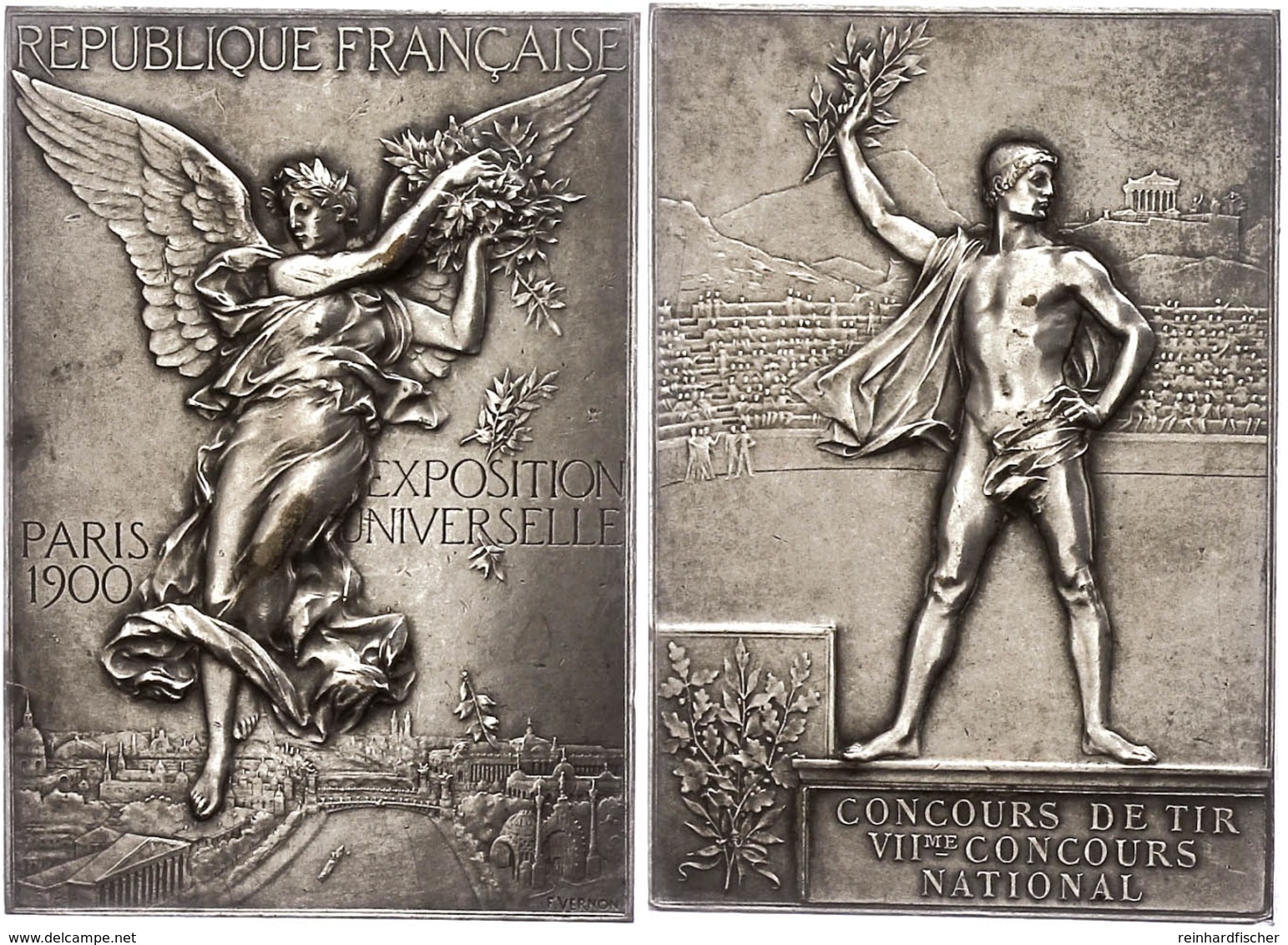 1122 Frankreich, Versilberte Bronzemedaille (Dm. Ca. 60x42mm, Ca. 56,35g), 1900, Von F. Vernon. Av: Schwebende Stadtgött - Other & Unclassified