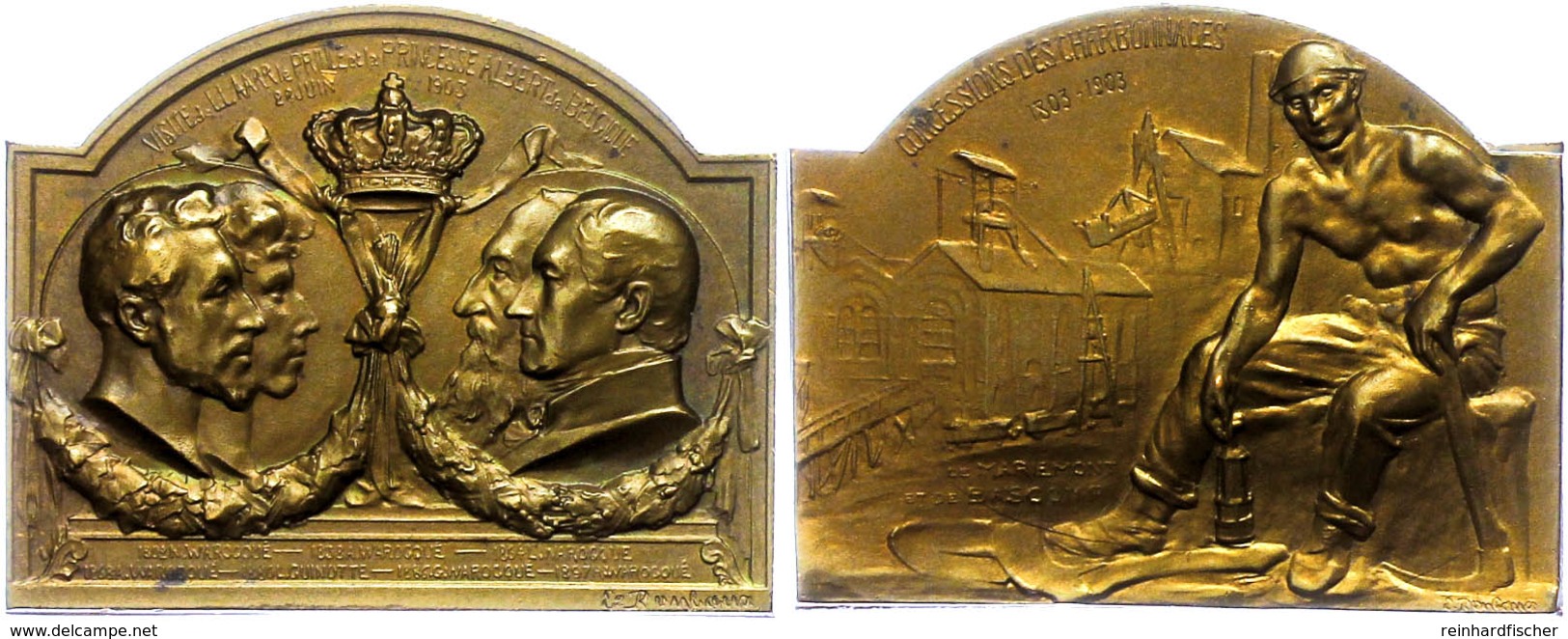 1130 Belgien, Rechteckige Bronzeplakette (ca. 40,10x51,05mm, Ca. 36,97g), 1903, Von Rombaux, Auf Den Besuch Von Prinz Al - Sonstige & Ohne Zuordnung