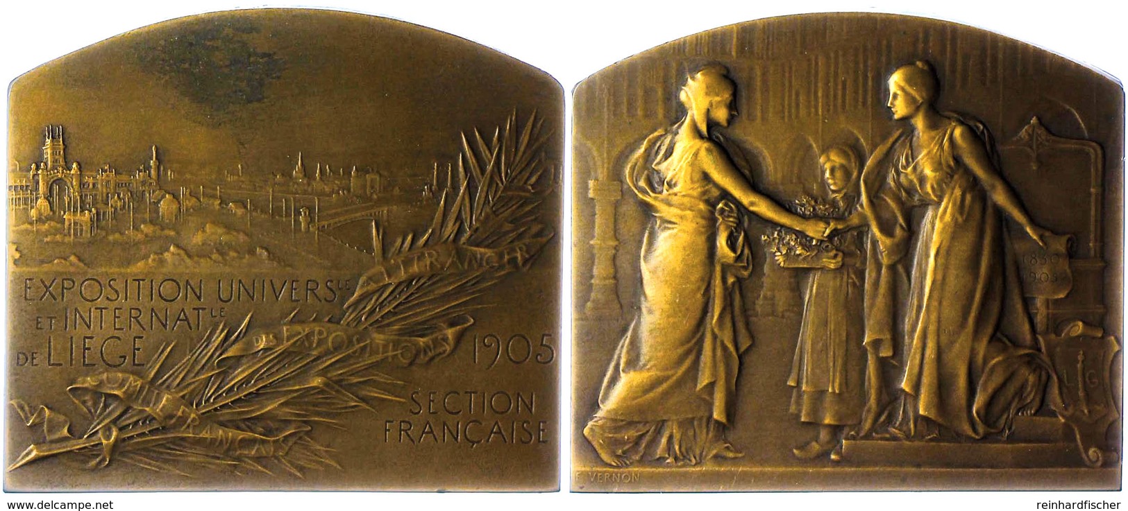 1140 Belgien, Bronzeplakette (ca. 63,20x72,90mm, Ca. 142,70g), 1905, Von F. Vernon. Av: Zwei Weibliche Gestalten Reichen - Andere & Zonder Classificatie