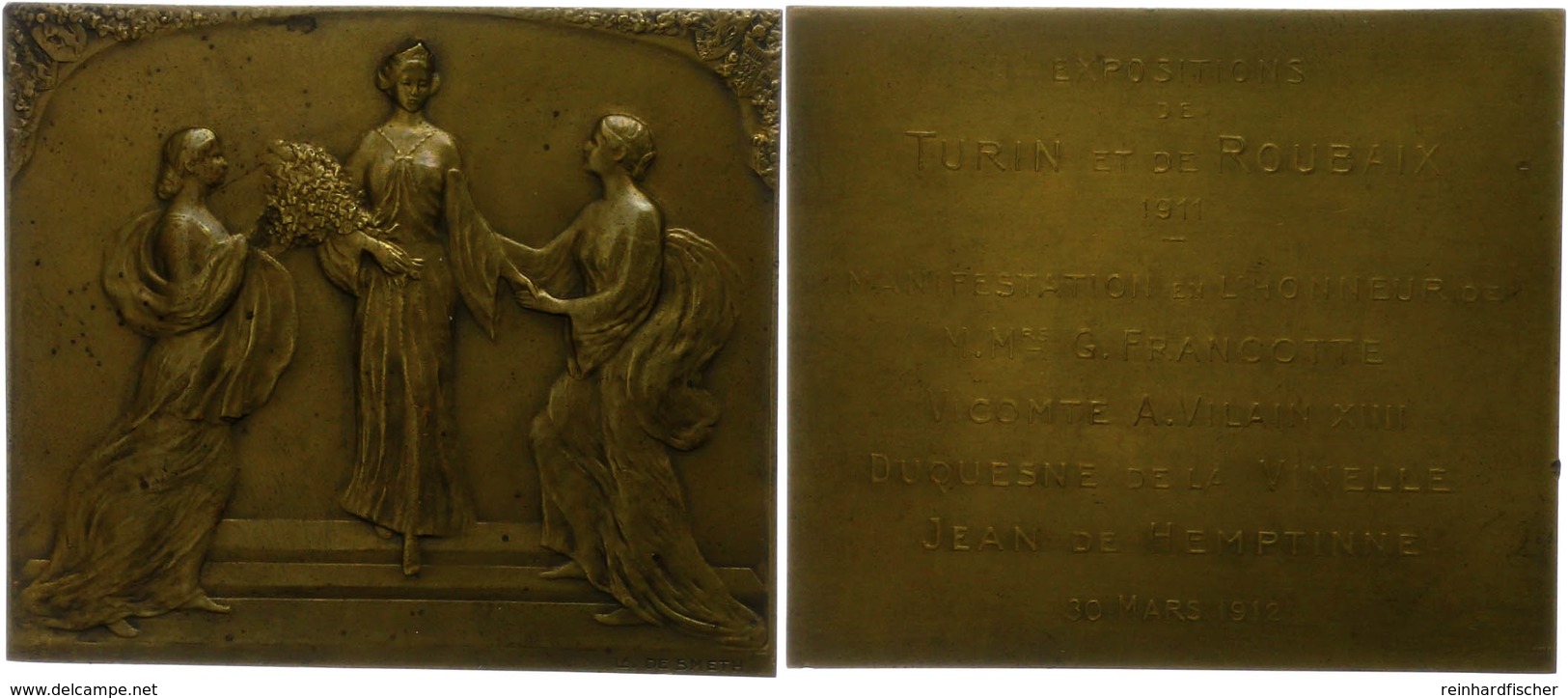1188 Belgien, Rechteckige Bronzeplakette (ca. 65x55,20mm, Ca. 80,87g), 1912, Von De Smeth, Auf Die Ausstellung In Turin  - Sonstige & Ohne Zuordnung