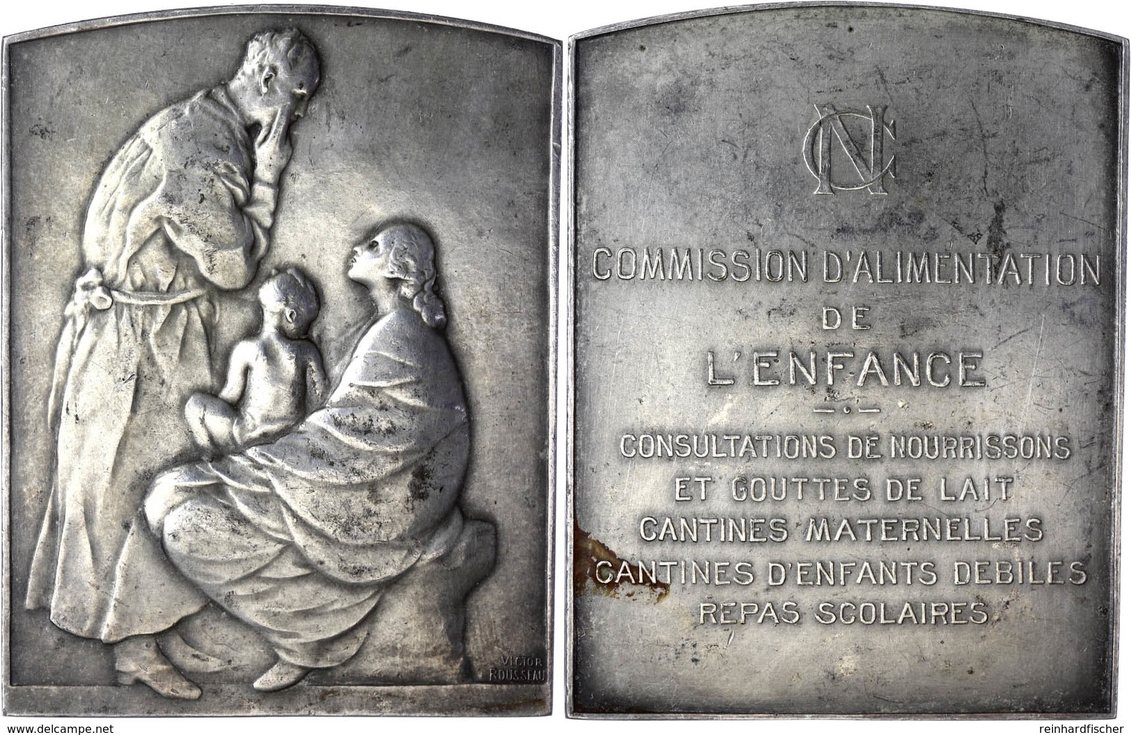 1207 Belgien, Versilberte Bronzeplakette (ca. 68x52,50mm, Ca. 93,37g), O.J., Von V. Rousseau. Av: Sitzende Frau Mit Kind - Other & Unclassified