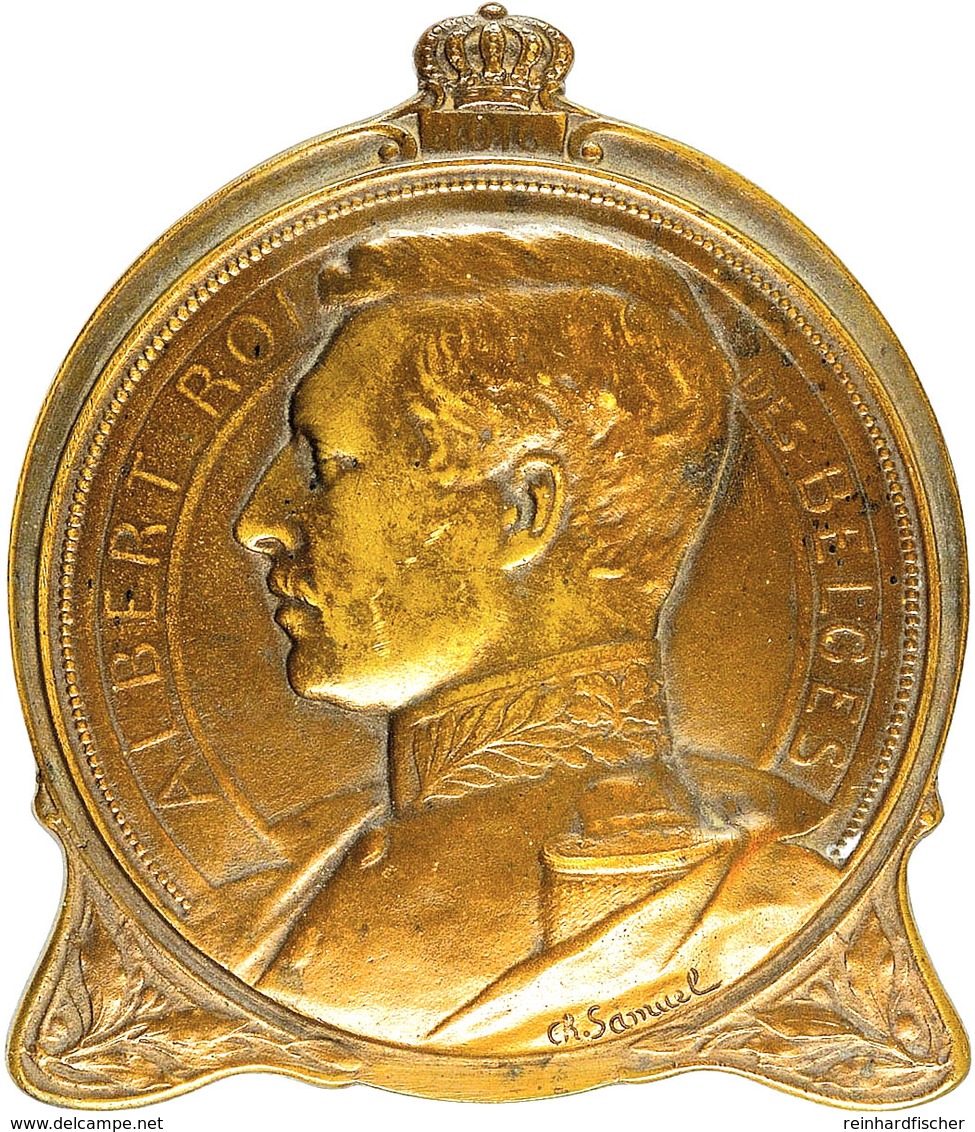 1212 Belgien, Einseitig Geprägte Bronzeplakette (ca. 145,50x128mm, Ca. 324,81g), 1916, Von Ch. Samuel, Auf König Albert. - Sonstige & Ohne Zuordnung