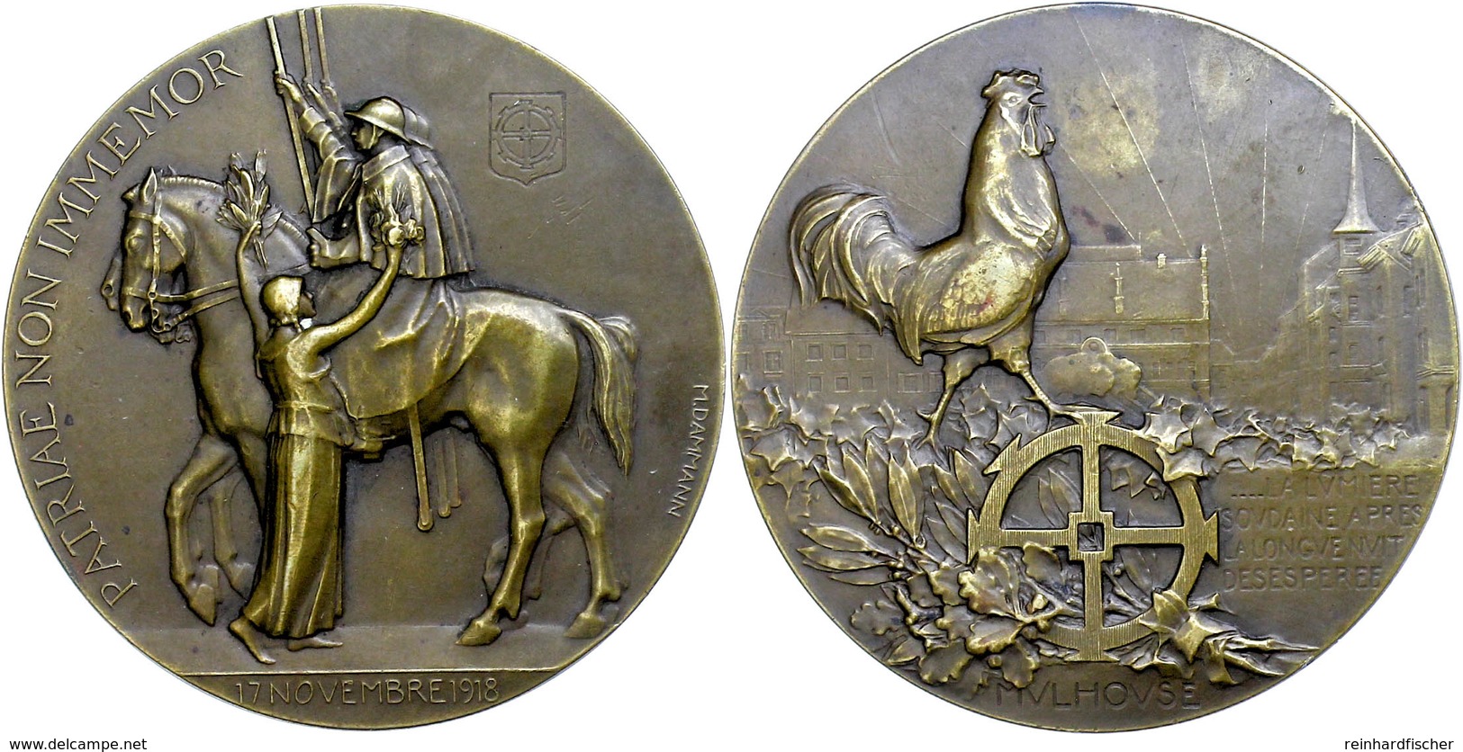 1224 Frankreich, Mühlhausen, Bronzemedaille (Dm. Ca. 68,10mm, Ca. 131,46g), 1918, Von M. Dammann, Auf Den Einzug Der Fra - Sonstige & Ohne Zuordnung