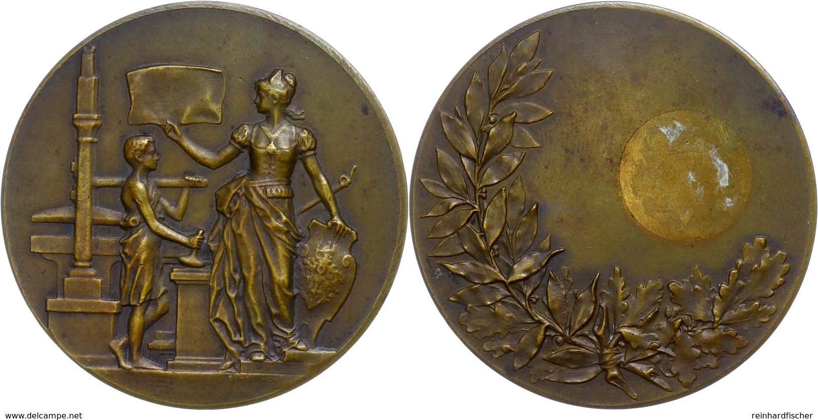 1231 Bronzemedaille (Dm. Ca. 50,50mm, Ca. 57,66g), O.J., Von E. Mouchon. Av: Weibliche Gestalt An Wappen Vor Presse Mit  - Andere & Zonder Classificatie