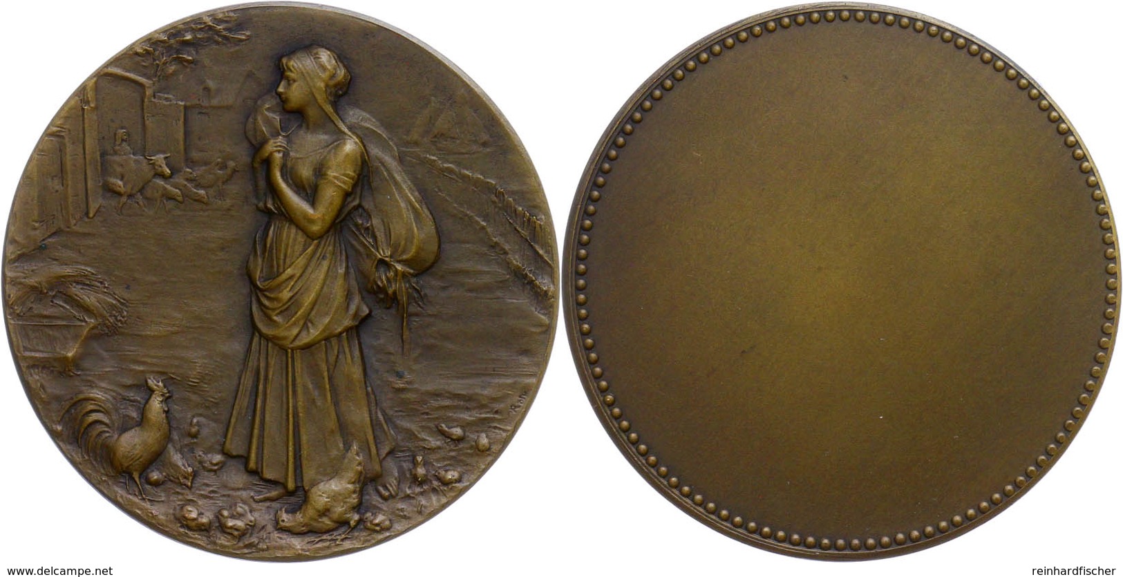 1232 Bronzemedaille (Dm. Ca. 51mm, Ca. 67,71g), O.J., Unsigniert. Av: Stehendes Bauernmädchen Zwischen Hühnern Auf Bauer - Other & Unclassified