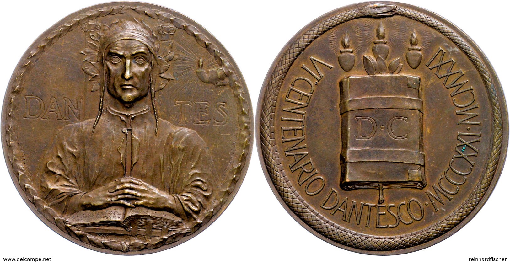 1242 Bronzemedaille (Dm. Ca. 56mm, Ca. 71,02g), 1921, Signiert Carous, Zum 600. Todestag Des Dichters Dante Alighieri. A - Andere & Zonder Classificatie