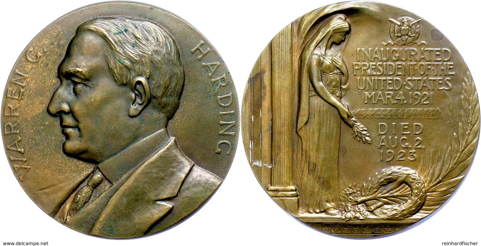 1249 USA, Bronzemedaille (Dm. Ca. 76,50mm, Ca. 228,98g), 1923, Von Morgan, Auf Den Tod Des Präsidenten Warren G. Harding - Sonstige & Ohne Zuordnung