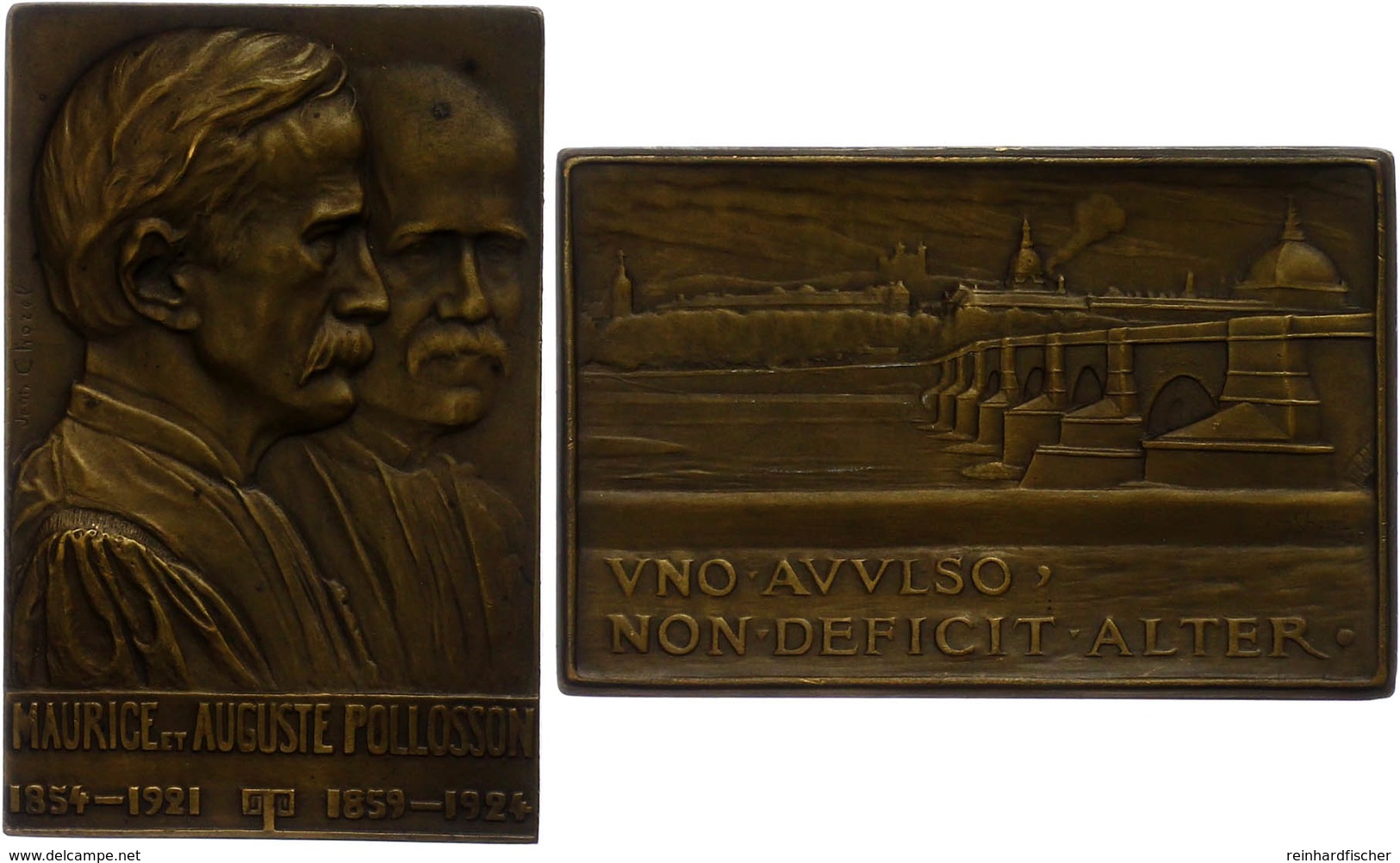 1256 Frankreich, Rechteckige Bronzeplakette (ca. 67,50x44mm, Ca. 92,30g), 1924, Von J. Chorel, Auf Die Gebrüder Pollosso - Sonstige & Ohne Zuordnung