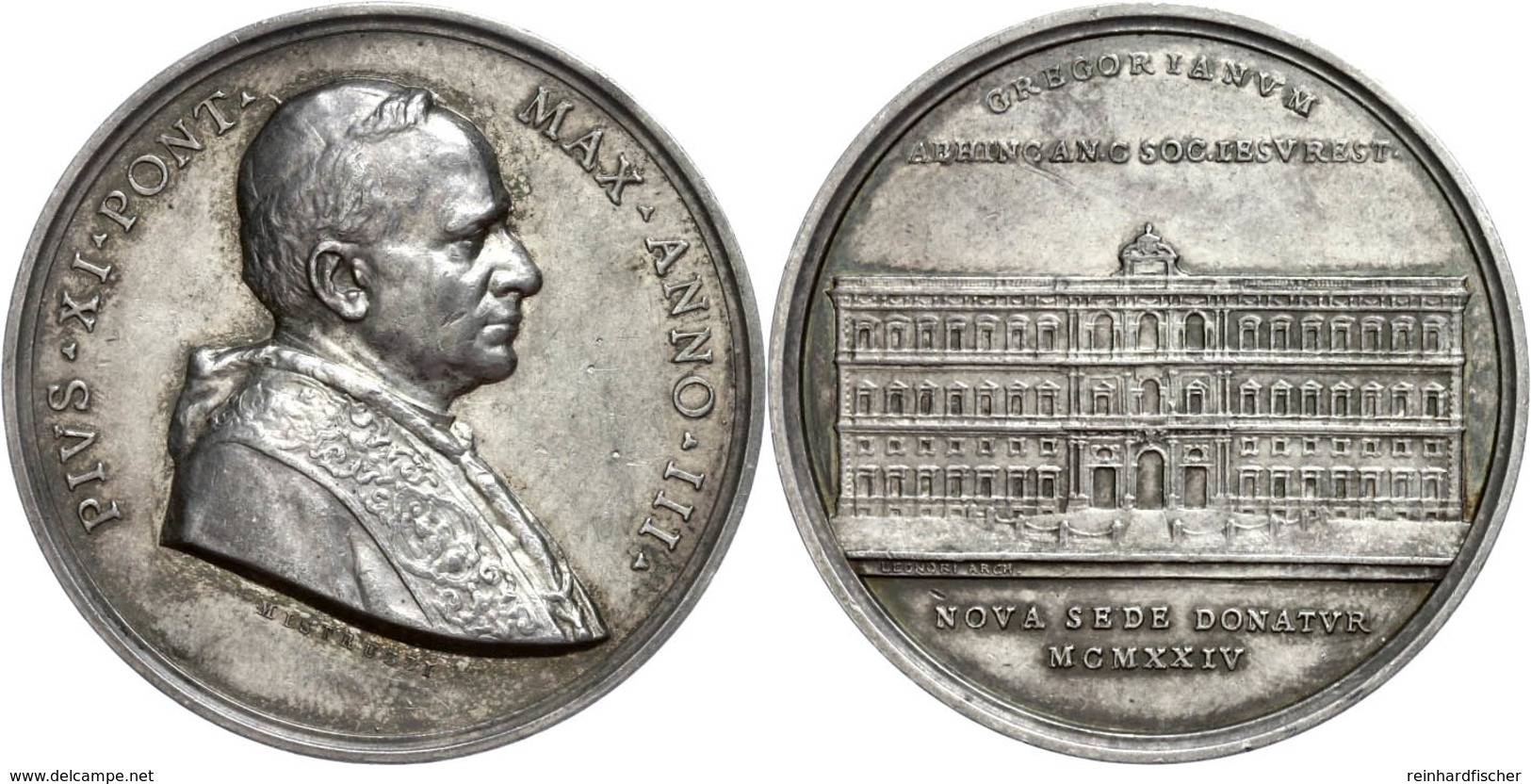 1258 Vatikan, Silbermedaille (44 Mm, 33,5 G), 1924, Von Mistruzzi, Papst Pius XI. Auf Den Geplanten Neubau Der Gregorian - Sonstige & Ohne Zuordnung