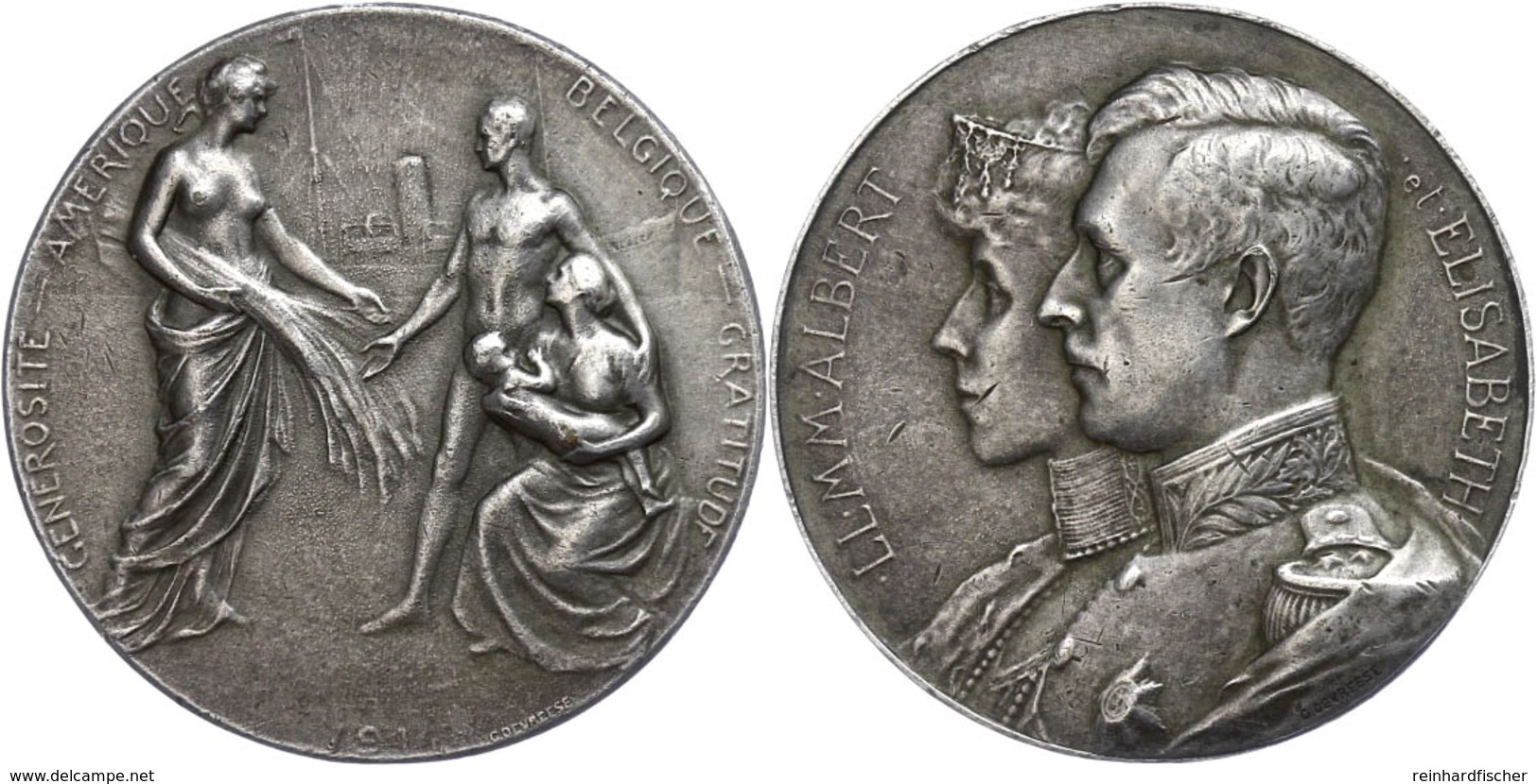 1260 Belgien, Versilberte Bronzemedaille (Dm. Ca. 35mm, Ca. 18,67g), O.J., Von G. Devreese. Av: Doppelportrait Des König - Andere & Zonder Classificatie