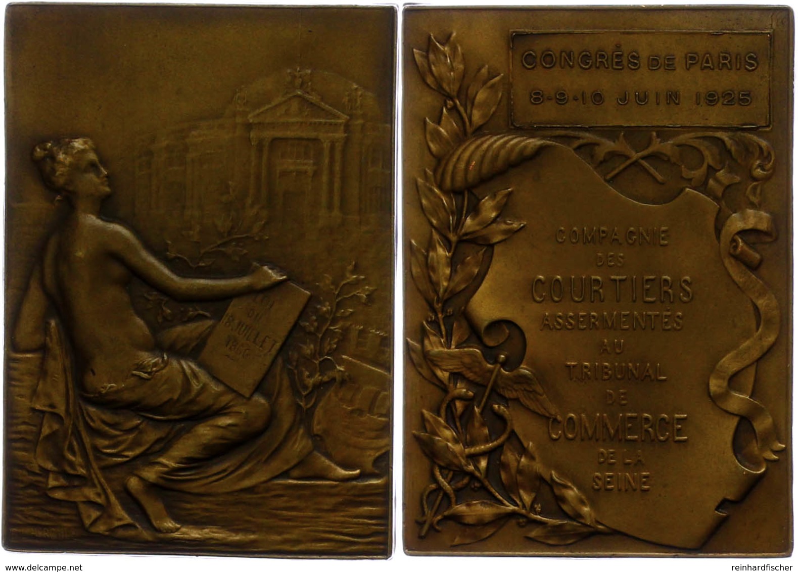 1263 Frankreich, Rechteckige Bronzeplakette (ca. 61,50x47,90mm, Ca. 64,19g), 1925, Von B. L. Hercule. Av: Sitzende Weibl - Other & Unclassified