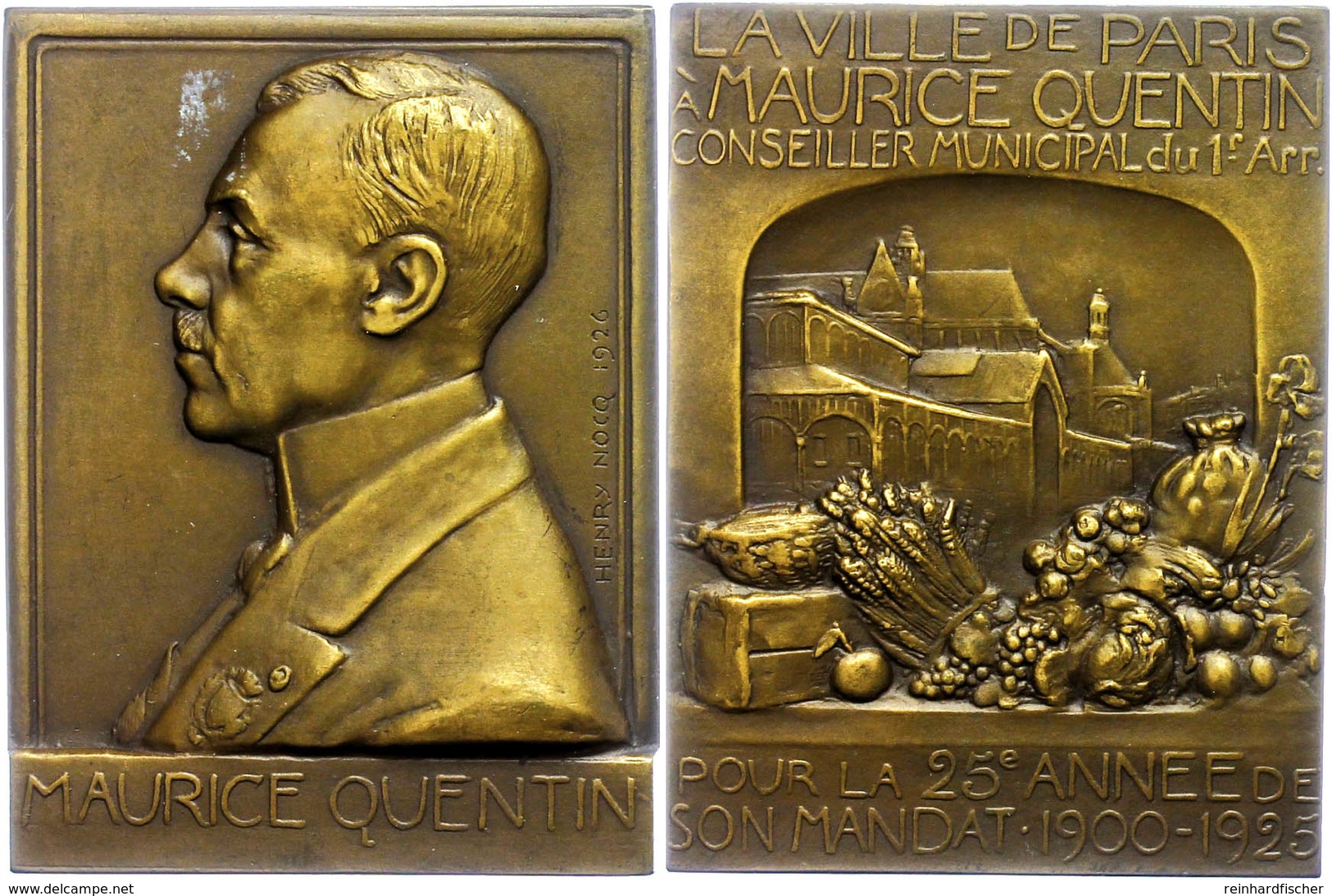 1265 Frankreich, Rechteckige Bronzeplakette (ca. 72x54,70mm, Ca. 132,41g), 1926, Von H. Nocq, Auf Marice Quentin. Av: Br - Sonstige & Ohne Zuordnung