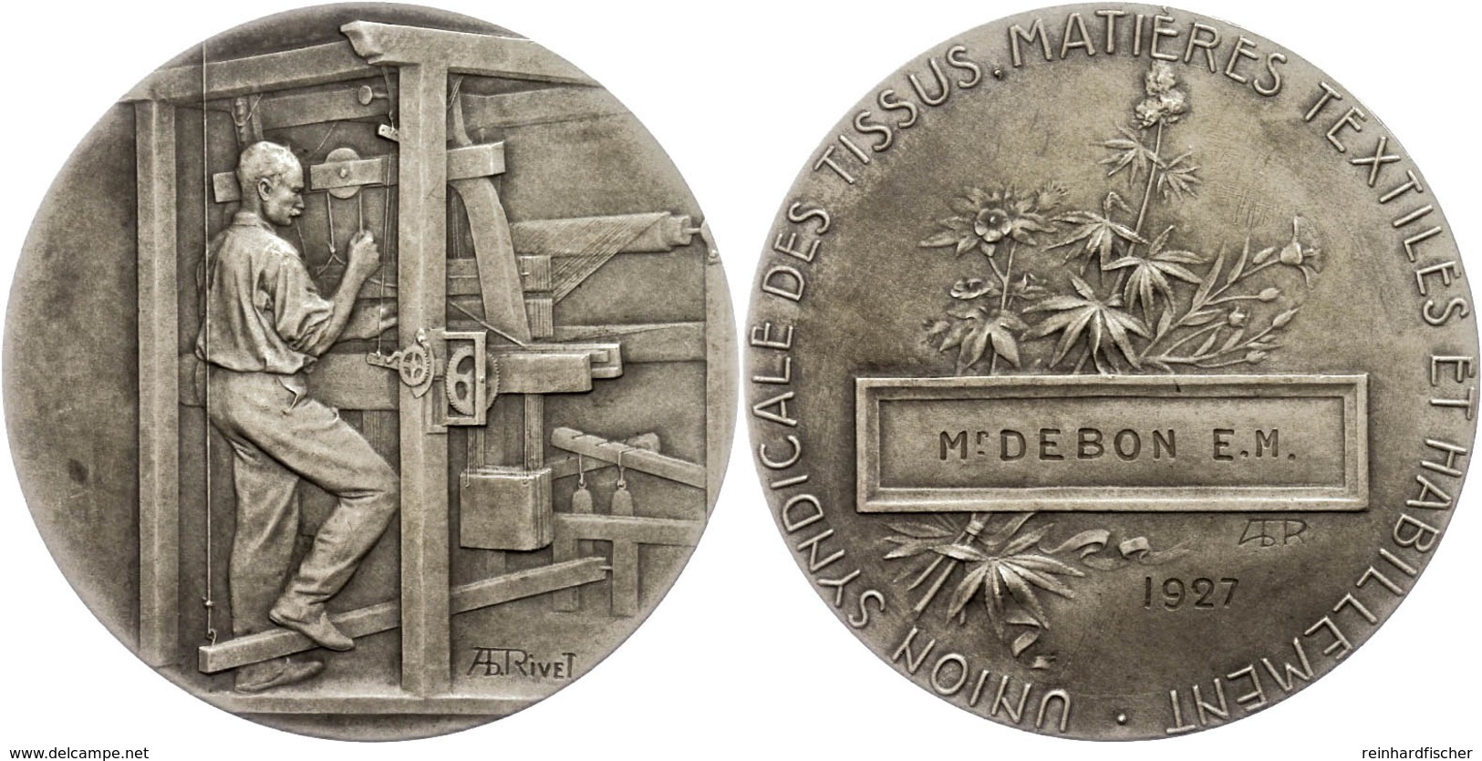 1272 Frankreich, Silbermedaille (Dm. Ca. 49,50mm, Ca. 49,93g), 1927, Von A. Rivet. Av: Textilarbeiter An Maschine. Rev:  - Sonstige & Ohne Zuordnung